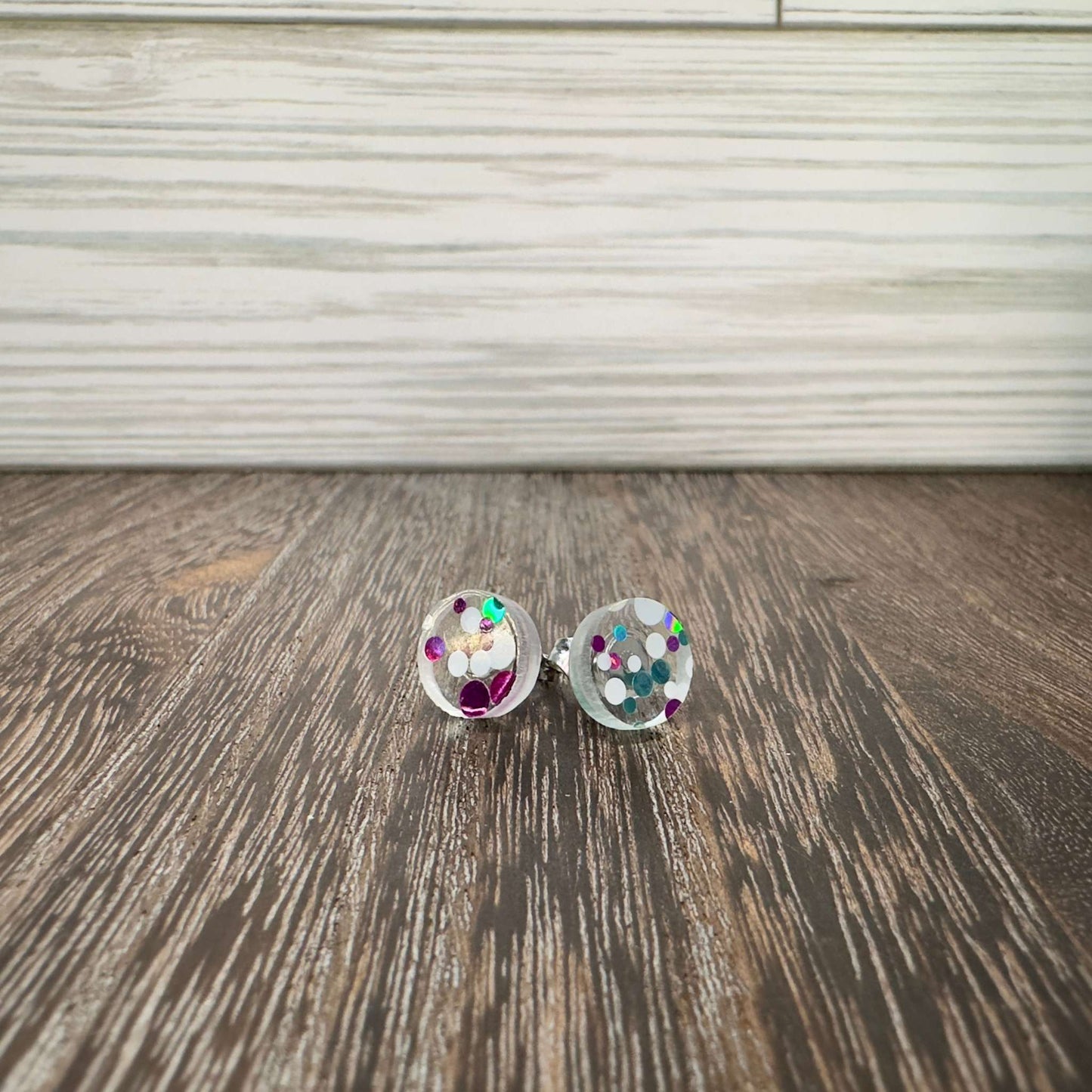 Mermaid Glitter Purple and Turquoise Button Stud Statement Earrings