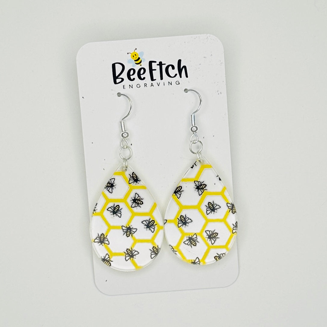 Golden Bee Honeycomb Grid Katie Teardrop Dangle Earrings