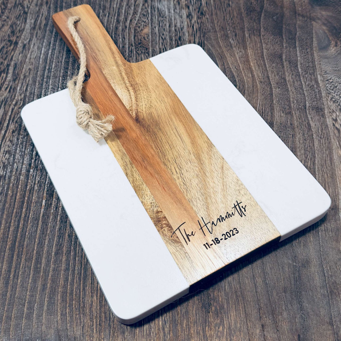 Engraved Acacia Wood and White Marble Cutting Board